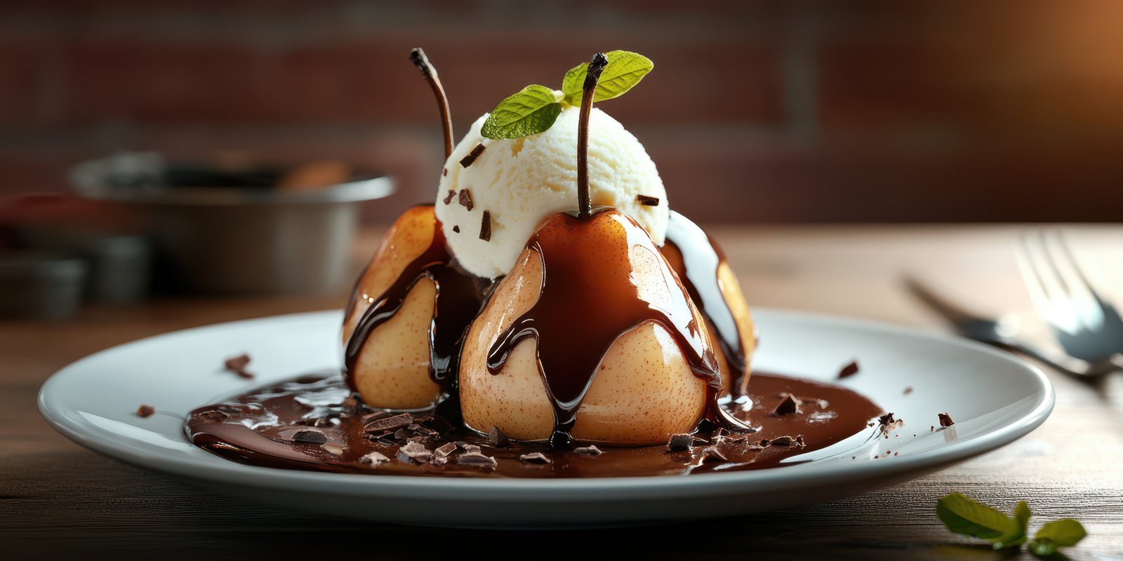 Delicious dessert featuring poached pears topped with vanilla ice cream and drizzled with chocolate sauce